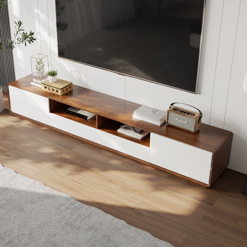 Dawnee Modern Wood TV Stand Media Console 4 Drawers Open Storage Cabinet Walnut Veneer Fully Assembled Hokku Designs Color Brown White Overall